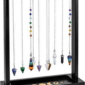 Black Pendulum Crystal Display Holder, Wood Witch Rock Stone Stand, Moon Phase W